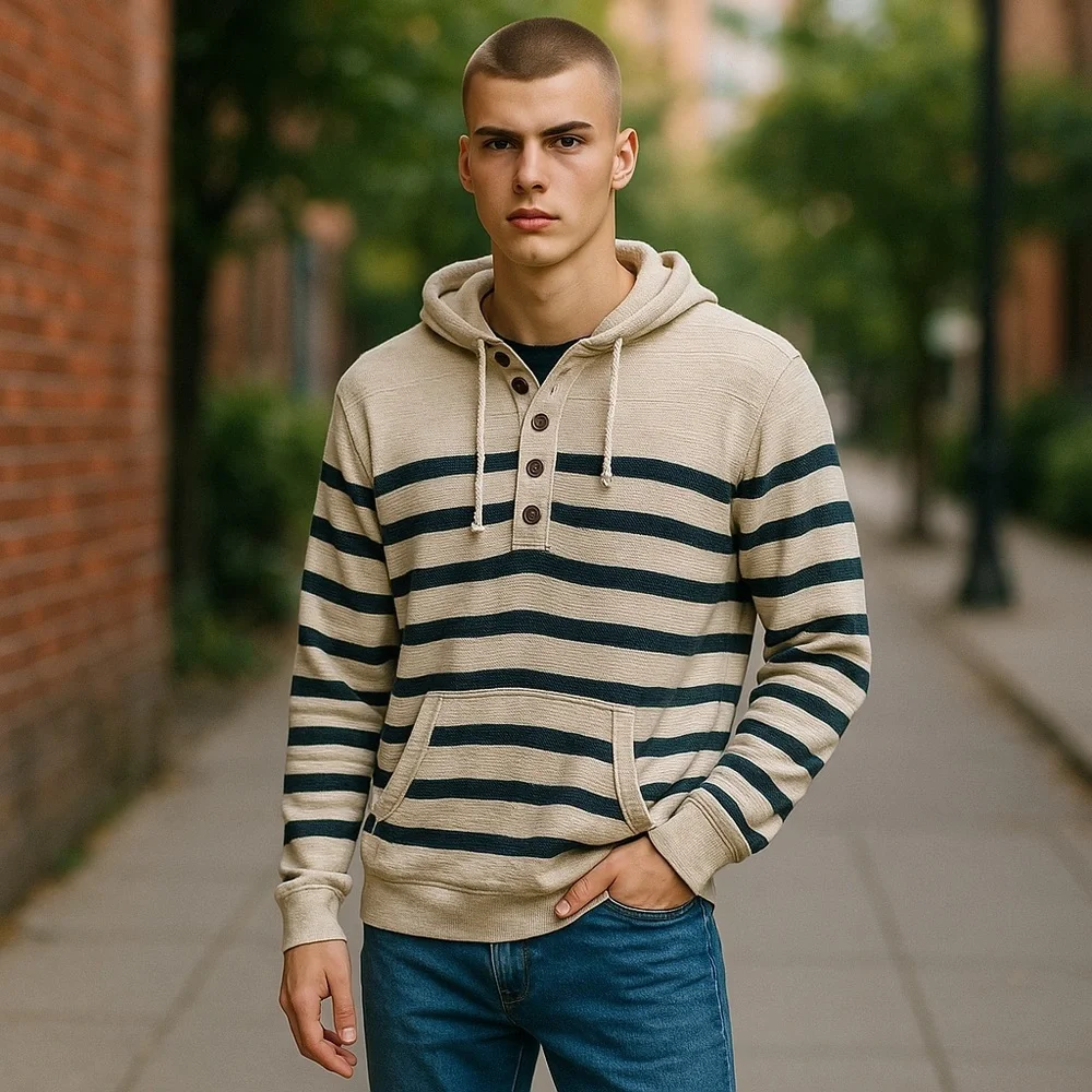 J.Crew Striped Knit Hooded Henley Sweater Kangaroo Pocket L Nautical Preppy